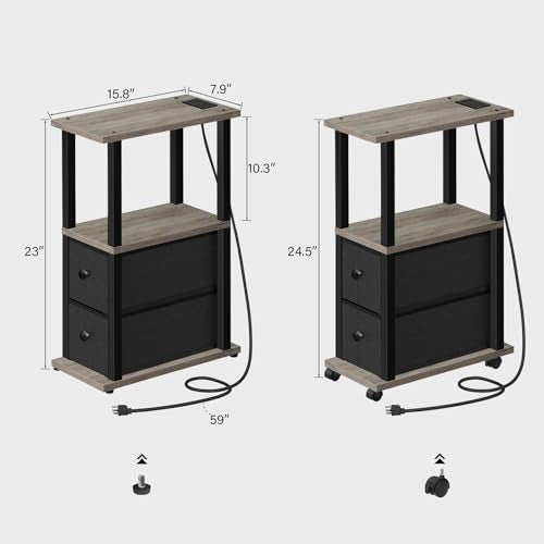 TUTOTAK Small Narrow End Tables, Side Tables with 2 Fabric Drawers, Set of 2, Bedside Tables with Charging Station for Small Spaces, Slim Nightstands with USB Ports and Wheels, TB01BG053 - color: Greige, style: with Outlets