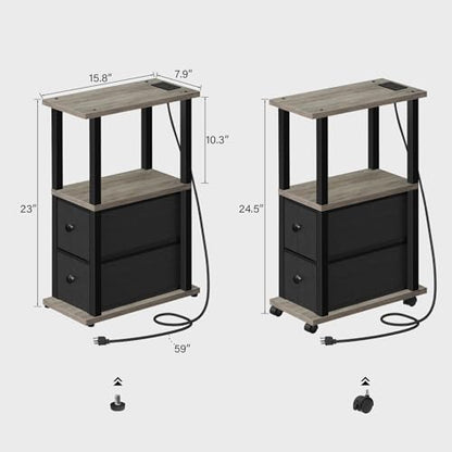 TUTOTAK Small Narrow End Tables, LED Side Tables with 2 Fabric Drawers, Set of 2, Bedside Tables with Charging Station for Small Spaces, Slim Nightstands with USB Ports and Wheels, TB01BG053L - color: Greige, style: with LED Light & Outlets