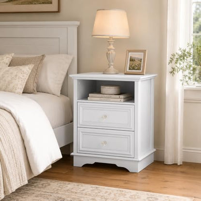 Brafab Bedside Table Set of 2 with Hidden Drawer, 25" Tall | White Night Stands with 2 Drawers and Open Shelf, Classic Wood Night Stands with Secret Storage for Bedroom, Guest Room - color: White