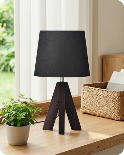 Small Table Lamp for Bedroom, 14.6" Bedside Lamp with Black Linen Shade & Walnut Wood Tripod Base, Modern Nightstand Lamp, Blak Lamp for Living Room, Nursery, Entryway, E26 Socket, VB51TL05 - color: Black+Dark Walnut