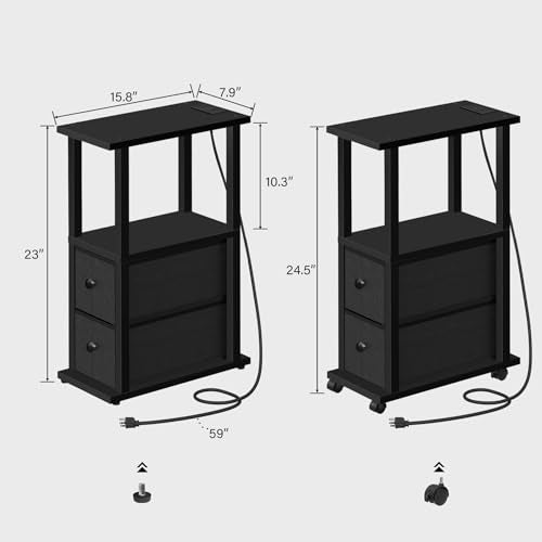 TUTOTAK Small Narrow End Tables, LED Side Tables with 2 Fabric Drawers, Set of 2, Bedside Tables with Charging Station for Small Spaces, Slim Nightstands with USB Ports and Wheels, TB01BK053L - color: Black, style: with LED Light & Outlets