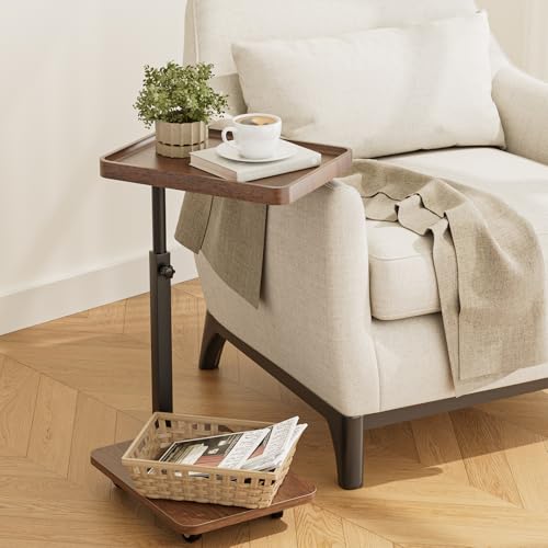 TV Tray Table for Eating,Sofa Armrest & 360° Swivel &Height Adjustable End Side Table for Couch,Snack Table for Sofa, Bedroom, Living Room, C Shaped End Table(Brown+Black) - color: Brown+black