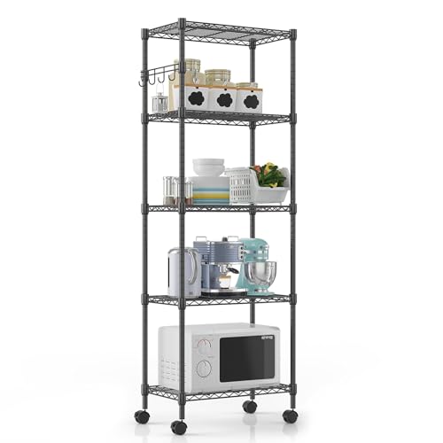 Himimi 5-Tier Wire Shelving Unit on Wheels, Adjustable Heavy Duty Metal Shelves with Side Hooks, Metal Organization Wire Rack for Kitchen Garage Basement, 13" L x 23" W x 72" H, Black - color: Black, size: 13.78"D x 23.23"W x 72.05"H, 5-Tier