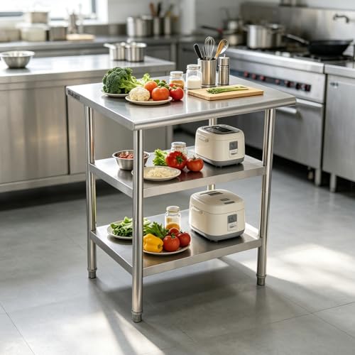 Garvee Stainless Steel Curved Edge Work Table 36 inch Double Layer, Heavy Duty Commercial Prep Table with Hook, 0.7mm Thick - size: 36*24*35 inch