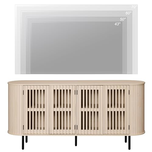 WAMPAT 64.4" Fluted TV Stand, Wood Entertainment Center for TVs Up to 70 inches, Curved Edge Media Console Table with Doors and Shelves for Living Room, Bedroom, Natural - color: Natural