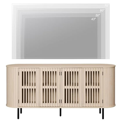 WAMPAT 64.4" Fluted TV Stand, Wood Entertainment Center for TVs Up to 70 inches, Curved Edge Media Console Table with Doors and Shelves for Living Room, Bedroom, Natural - color: Natural