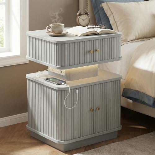 Nightstand with Charging Station, Modern Night Stand with Smart Led Light and 2 Small Sliding Door Cabinets, Curvy Edge, Bedside Table for Bedroom, Grey - color: Grey