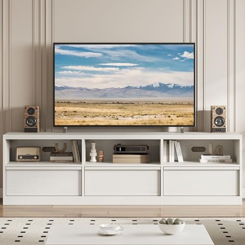 Modern TV Stand with Storage for TVs Up to 85", 70 inch Media Console with Drawer & Open Shelves, Mid Century Entertainment Center for Living Room, White - color: White