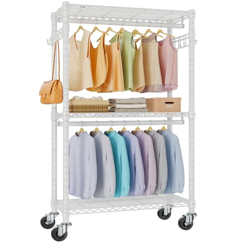VIPEK R2 Medium Heavy Duty Clothes Rack Rolling Clothing Rack Adjustable Metal Wire Shelving Portable Closets with Double Hanging Rods, Side Hooks, Freestanding Closet Racks Wardrobe, White - color: White, size: R2 Medium