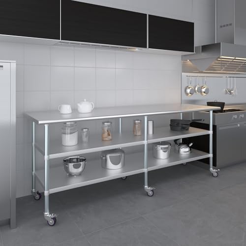 AmGood Stainless Steel Work Table with 2 Shelves and Casters | Metal Utility Table On Wheels (Stainless Steel, 96" Long x 30" Deep) - size: 96" Long x 30" Deep