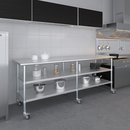 AmGood Stainless Steel Work Table with 2 Shelves and Casters | Metal Utility Table On Wheels (Stainless Steel, 96" Long x 30" Deep) - size: 96" Long x 30" Deep