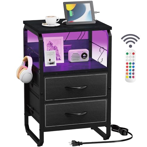 runjuly Nightstand with Light, LED End Table with 2 Drawers and Charging Station Type C Port, Small Bedside Table with Hooks, Storage Side Table for Bedroom, Dorm, Black - color: Black, style: 2 Drawers