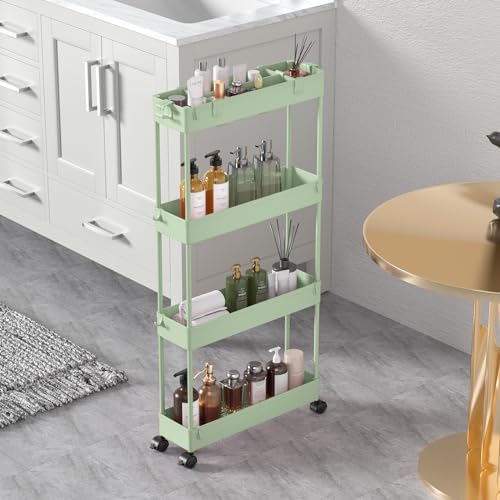 SPACELEAD Slim Storage Cart 4 Tier,Bathroom Organizer Rolling Utility,Mobile Shelving Unit Slide Out for Office, Kitchen, Laundry Room & Narrow Places，Green - color: Green