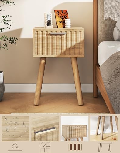 YMYNY Narrow Fluted Nightstand Set of 2, Small End Table, Modern Coffee Table with Drawer, Solid Wood Legs, Retaining Chain, for Bedroom and Small Spaces, Natural UHST014R-2 - color: Natural