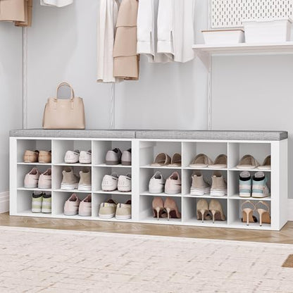 Hzuaneri Shoe Storage Bench with Cushion, Entryway Storage Bench with 18 Cubbies, 9.5" Widened Organizer Cabinet, Long Cubby Rack for Living Room, Bedroom, Entryway, White SB25703GY | 9.5" Widened Organizer Cabinet, large Cubby Shoe Rack for Living Room,