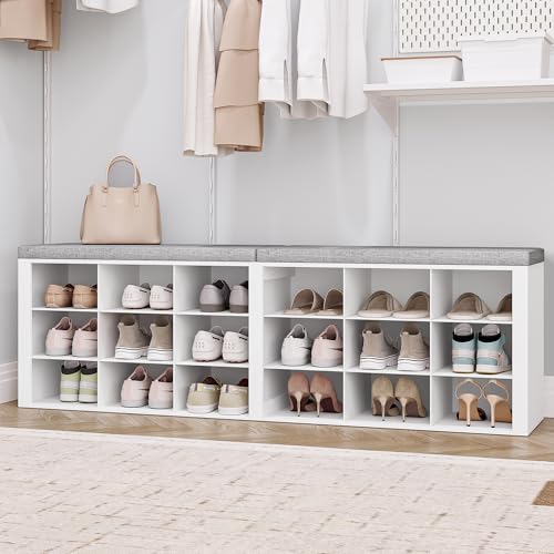 Hzuaneri Shoe Storage Bench with Cushion, Entryway Storage Bench with 18 Cubbies, 9.5" Widened Organizer Cabinet, Long Cubby Rack for Living Room, Bedroom, Entryway, White SB25703GY | 9.5" Widened Organizer Cabinet, large Cubby Shoe Rack for Living Room,
