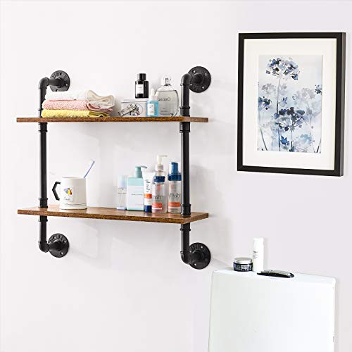 IBUYKE 2-Tiers Industrial Pipe Shelves, Pipe Floating Shelves RF-TM004 | Rustic Wall Mount Bookcase,Metal Bracket Storage Wall Shelf for Bedroom, Kitchen - size: 2 Tier