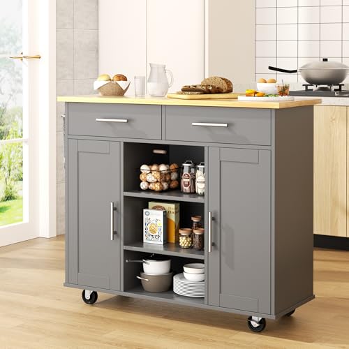 Shintenchi Kitchen Island with Storage, Kitchen Island Cart on Wheels with 3 Open Shelves, 2 Drawers and 2 Cabinets, Rolling Kitchen Table with Large Countertop, Gray - color: Silver