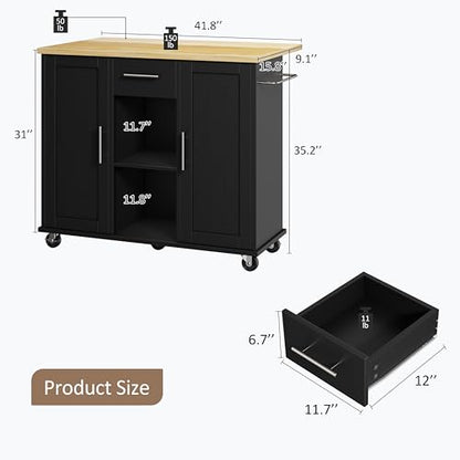SUNLEI Rolling Kitchen Island Cart with Wheels, Island Table for Kitchen, Farmhouse Kitchen Cart with Drop Leaf & Towel Rack & Drawer, Kitchen Island with Storage Cabinet, Black - style: Black