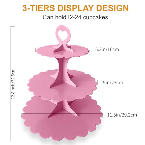 3-Tier Pink Cupcake Stand, Heart Handle Dessert Display Tower, Perfect for Girl Birthday Baby Shower Small Parties, Easy Assembly (1-Pack) ﻿ - color: Pink 1 Pack