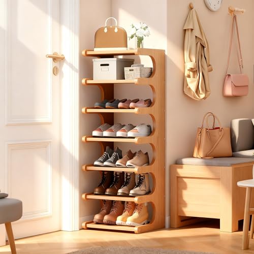 7-Tier Vertical Shoe Rack, Bamboo Free Standing Shoe Rack Shelf, Shoe Storage Stand, Entryway Shoe Tower, Vertical Shoe Organizer for Narrow Closet, Entryway, Hallway - color: Brown