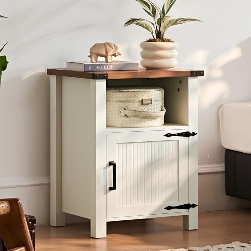 Joaxswe Nightstand with Charger Station and USB Port, 18 Inch Farmhouse Night Stand with Storage Shelf, Modern Couch Side Table with Magnetic Door, Bedside Tables for Bedroom, Home, Antique White - color: White