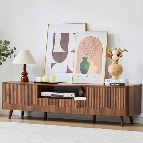 BERRYMERRY Walnut 62.2” Fluted Wave TV Stand for TVs up to 75” | drawer,open shelf,cabinet,round corner,entertainment center,tv console,cable manage,wood