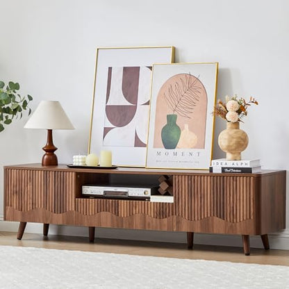 BERRYMERRY Walnut 62.2” Fluted Wave TV Stand for TVs up to 75” | drawer,open shelf,cabinet,round corner,entertainment center,tv console,cable manage,wood