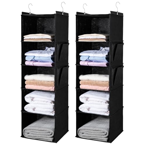 BOOMIBOO Hanging Closet Organize and Shelves,5-Hanging Shelf（2 Pack,Black） | with 2 Side Pockets，Storage Foldable - color: Black, size: 2