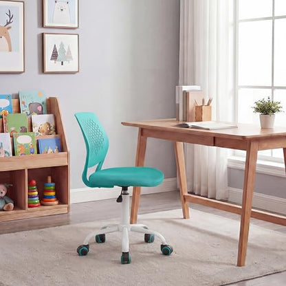 Costzon Kids Desk Chair, Armless Height Adjustable Kids Computer Chair w/Elastic Sponge Filling, Ergonomic Backrest & Stable 5-Point Wheels, Children Rolling Swivel Chair for Studyroom (Turquoise) - color: Turquoise