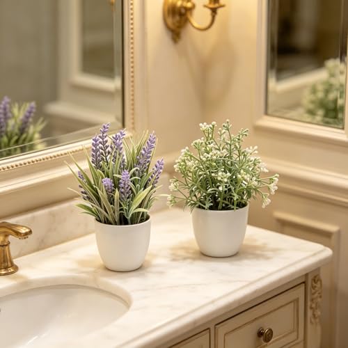 2 Pack Small Fake Plants, Artificial Lavender Plants for Spring and Summer Decor, Faux Plants Indoor for Bathroom, Office, Table, Shelf and Home Decor