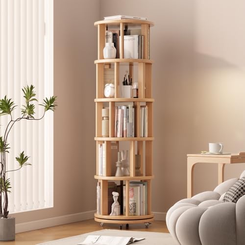 Solid Wood Rotating Bookshelf on Wheels, 5 Tier, Round Revolving Bookcase, 360° Spinning Book Shelf Tower for Kids, Narrow Rolling Bookshelves for Small Space, Corner, Bedroom, Office, Natural - color: Natural, size: 5 Tier