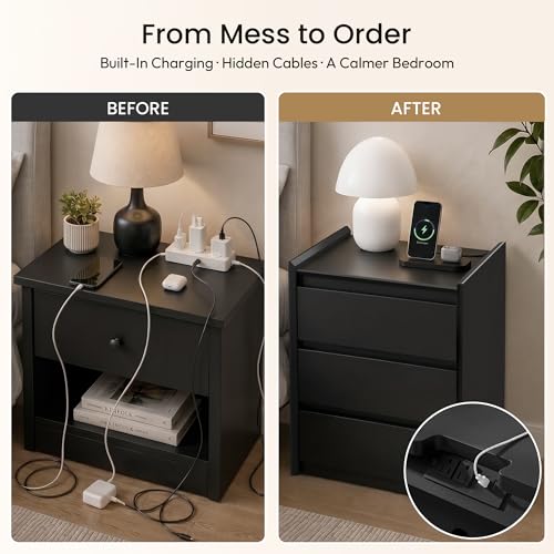 Black Nightstand with Charging Station, 24" H, 3-Drawer Storage | USB-C, USB-A and 2 AC outlets power daily devices; raised-edge top helps create a cleaner modern bedside setup at night. - color: Black, size: 1-Pack, style: 3 Drawers