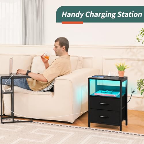 Yoobure Nightstand with Charging Station, LED Night Stand with Fabric Drawers and Storage Shelf for Bedroom, Nightstands Bedside Tables with USB Ports & Outlets, Small Night Stands, Bed Side Table - color: Black