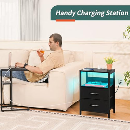 Yoobure Nightstand with Charging Station, LED Night Stand with Fabric Drawers and Storage Shelf for Bedroom, Nightstands Bedside Tables with USB Ports & Outlets, Small Night Stands, Bed Side Table - color: Black