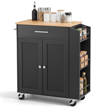 VEVOR Kitchen Island Cart with Storage, 31.3 in Wide Mobile Rolling Storage Island on Swivel Wheels, with Drawer, Storage Cabinet, Spice/Towel Rack, Table for Home Dining Room, Black - size: 31.3"W-Black