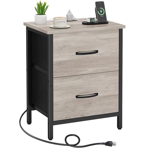 Vagusicc Nightstand with Charging Station, Bedside Table with USB Ports and Outlet, End Table Side Table with 2 Fabric Drawers for Bedroom, Living Room, Greige - color: Greige (1 Pack)