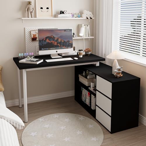 Bobve L Shaped Computer Desk, 47 Inch Home Office Desk with File Drawers & Storage Shelves, Small Corner Computer Desk for Small Space (Black + White) - color: Black + White