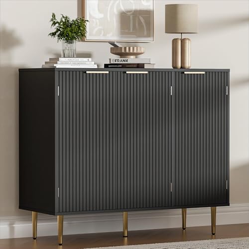 Housoul Fluted Sideboard Buffet Cabinet with 3 Doors, Black | Kitchen Storage Cabinet with Adjustable Shelves & Golden Handles, Modern Accent Cabinet, Coffee Bar for Kitchen, Living Room - color: Black