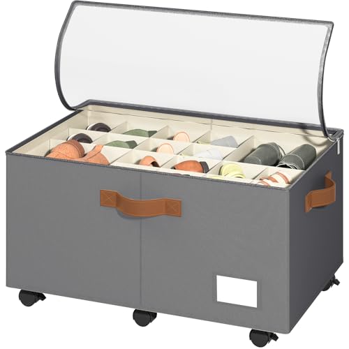 Foyego Shoe Organizer for Closet, Shoe Storage Organizer with Wheels and Adjustable Dividers, Stackable Shoe Storage Box with Clear Cover, Foldable Closet Shoe Organizer Fits up to 24-48 Pairs, Gray - color: Gray, size: 25 ½"L x 17"W x 12 ½"H