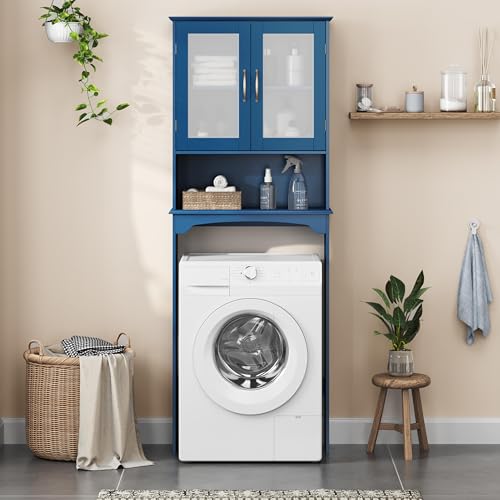 Yaheetech Over The Toilet Storage Cabinet, Free Standing Toilet Rack with Adjustable Shelves and Tempered Glass Doors for Bathroom Washroom, Navy Blue - color: Navy Blue