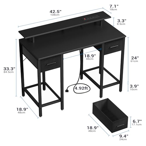 Furnify 42 Inch Computer Desk with Fabric Drawers & USB Power Outlet, Black | Built-In USB Charging Station, Study Writing Table with Monitor Stand, Multifunctional Workstation for Bedroom Studyroom - color: Black