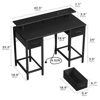 Furnify 42 Inch Computer Desk with Fabric Drawers & USB Power Outlet, Black | Built-In USB Charging Station, Study Writing Table with Monitor Stand, Multifunctional Workstation for Bedroom Studyroom - color: Black