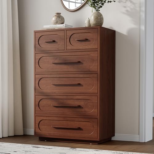 YANSNWO Walnut 6 Drawer Dresser for Bedroom, 44" Tall Dressers & Chest of Drawers w/Solid Wood Handle, Wood Mid Century Closet Organizers and Storage Cabinet for Bedroom, Living Room, Hallway, Walnut - color: Walnut, size: 15.7"D x 29.3"W x 44"H (6 Drawer