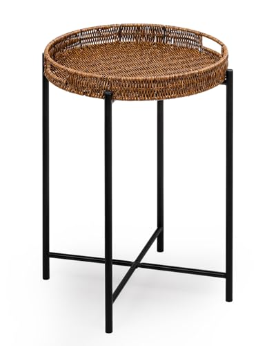 DINGTAI Small Wicker Round End Table, 16.5 in Rattan End Tables with Removable Tray, Waterproof Sofa Coffee Side Table, Indoor Outdoor Side Tables for Patio, Living Room Bedroom Office