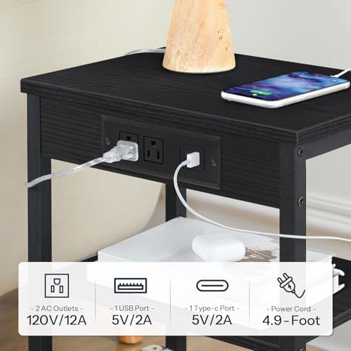 HOOBRO Side Tables Set of 2 with Charging Station and USB Port, Small End Tables for Small Space, 3-Tier Nightstands with Adjustable Shelf, for Living Room, Bedroom, Black BB112BZP201 - color: Black
