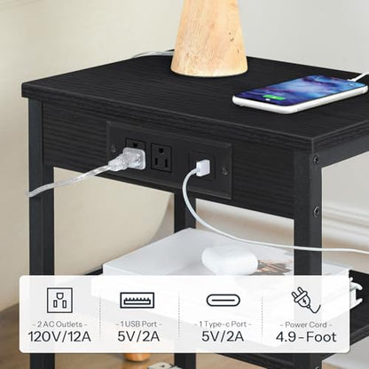 HOOBRO Side Tables Set of 2 with Charging Station and USB Port, Small End Tables for Small Space, 3-Tier Nightstands with Adjustable Shelf, for Living Room, Bedroom, Black BB112BZP201 - color: Black