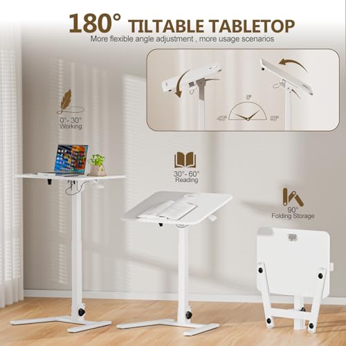25 Inch Mobile Foldable Standing Desk for Home Office, White | 180 Tiltable Desktop, Height Adjustable, No Assembly Computer Workstation, Portable Rolling Laptop Table, Sit-Stand Desk - color: White