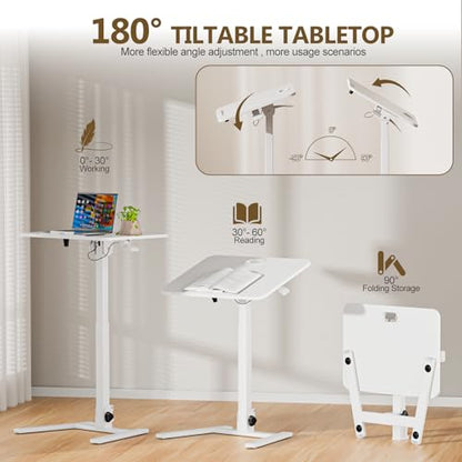 25 Inch Mobile Foldable Standing Desk for Home Office, White | 180 Tiltable Desktop, Height Adjustable, No Assembly Computer Workstation, Portable Rolling Laptop Table, Sit-Stand Desk - color: White