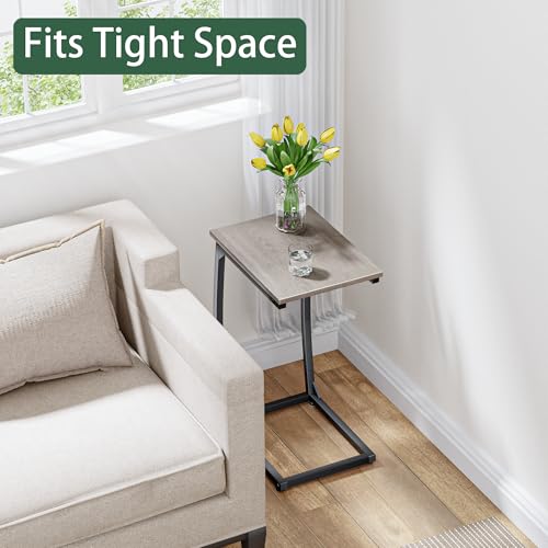 LAKEMID C Shaped End Table Set of 2,Side Table for Couch,Sofa End Table with Metal Frame,Couch Tables that Slide Under,TV Tray Table for Living Room Bedroom（Lvory） - color: Grey